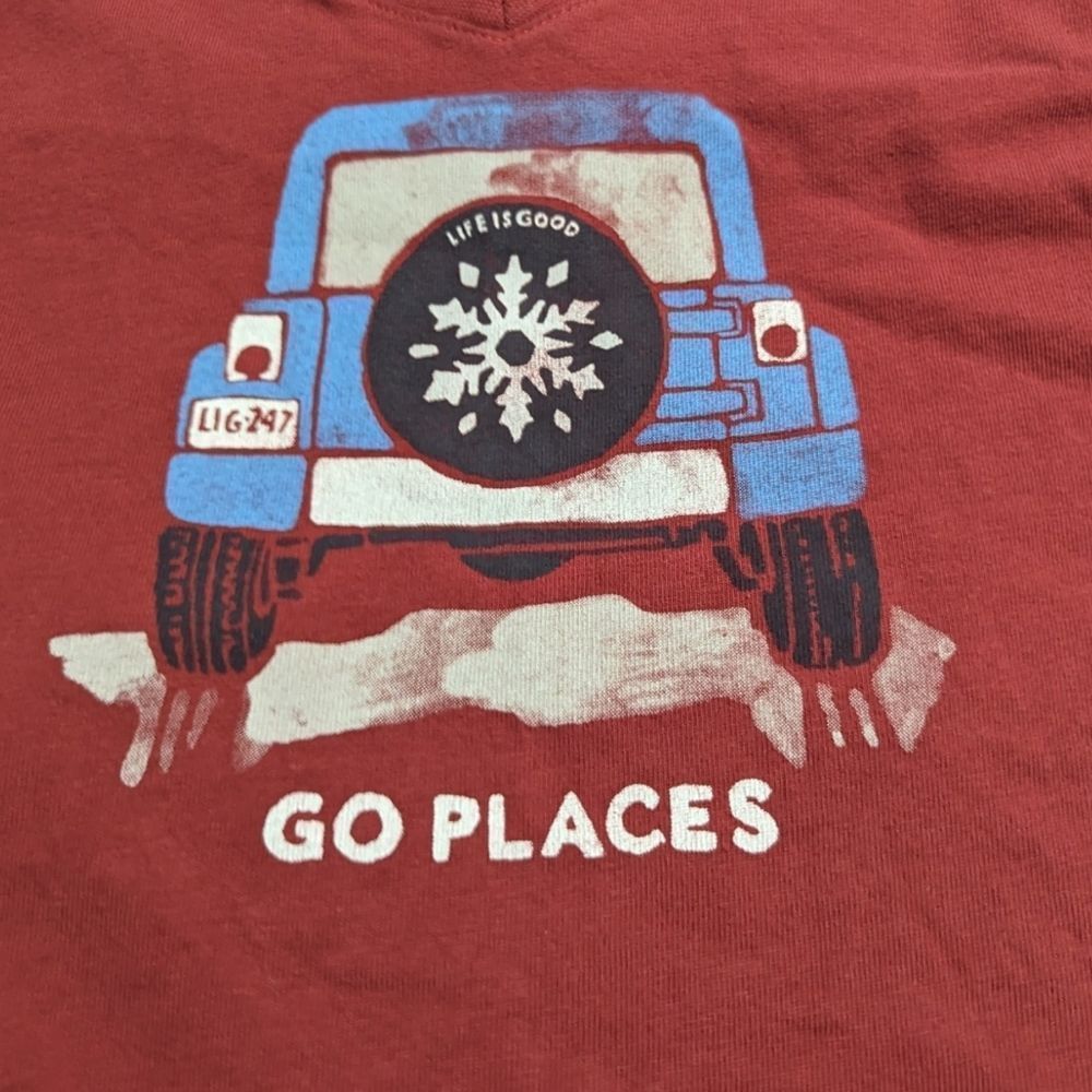 Life Is Good Red Long Sleeve Tee with Blue Truck Graphic